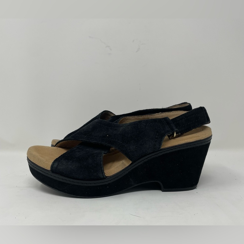 Clarks Women Suede Black Wedge Sandal Size 8.5
